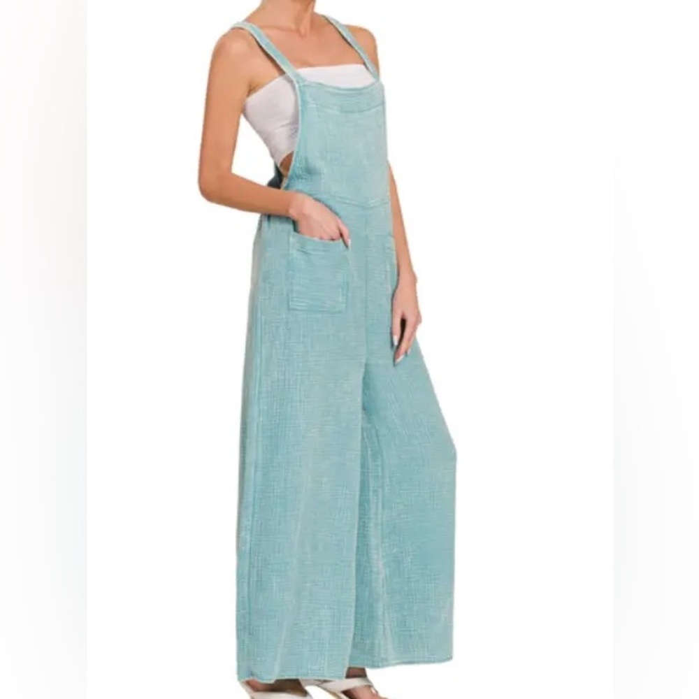 NWT Zenana Blue Comfy Gauze Overall Jumpsuit sz L